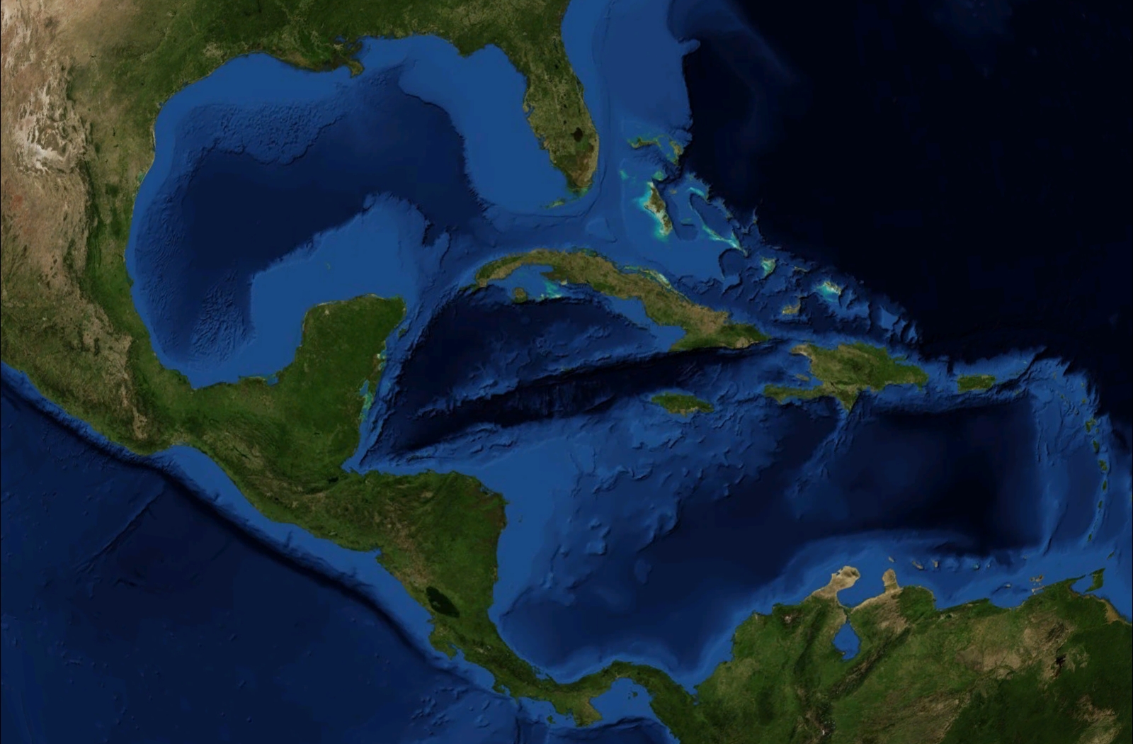 Real satellite view of the Caribbean, Central America and northern South America